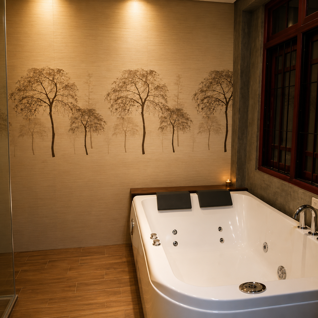 Upper Room With Bathtub featuring a white jacuzzi tub and tree mural wall